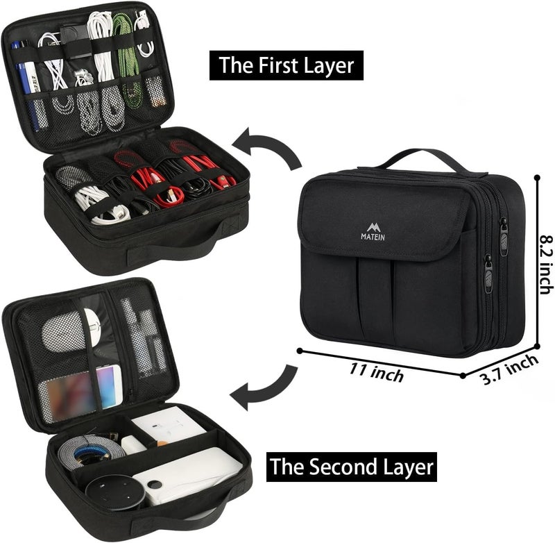 MATEIN Electronics Organizer, Waterproof Travel Electronic Case, Portable Double Layer Cable Storage Bag for Camera Accessories, Cord, Charger, Power Bank, Flash Drive, Phone, SD Card, Black - Image 2
