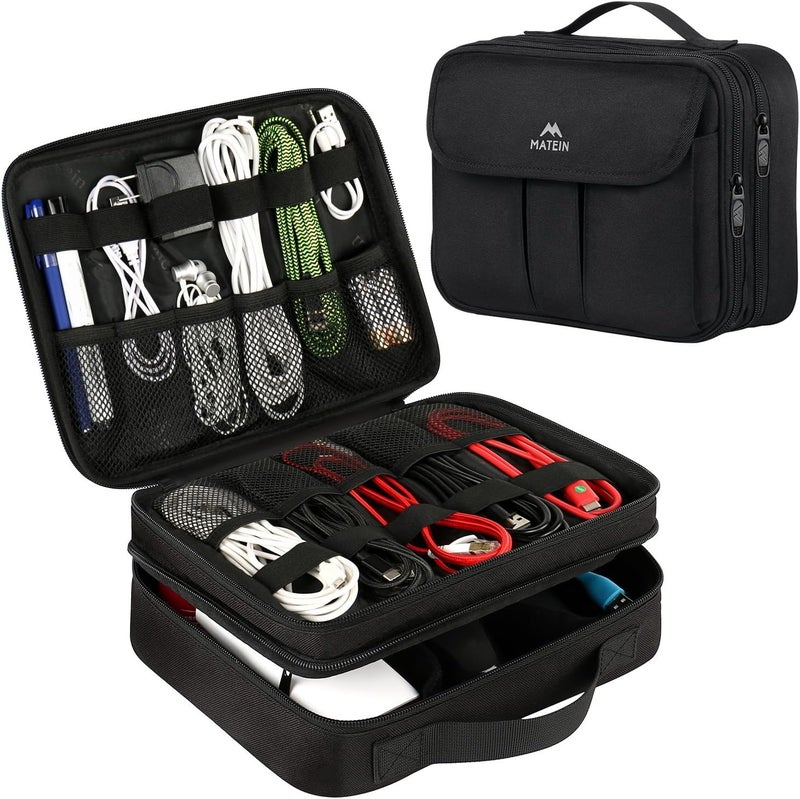 MATEIN Electronics Organizer, Waterproof Travel Electronic Case, Portable Double Layer Cable Storage Bag for Camera Accessories, Cord, Charger, Power Bank, Flash Drive, Phone, SD Card, Black - Image 1