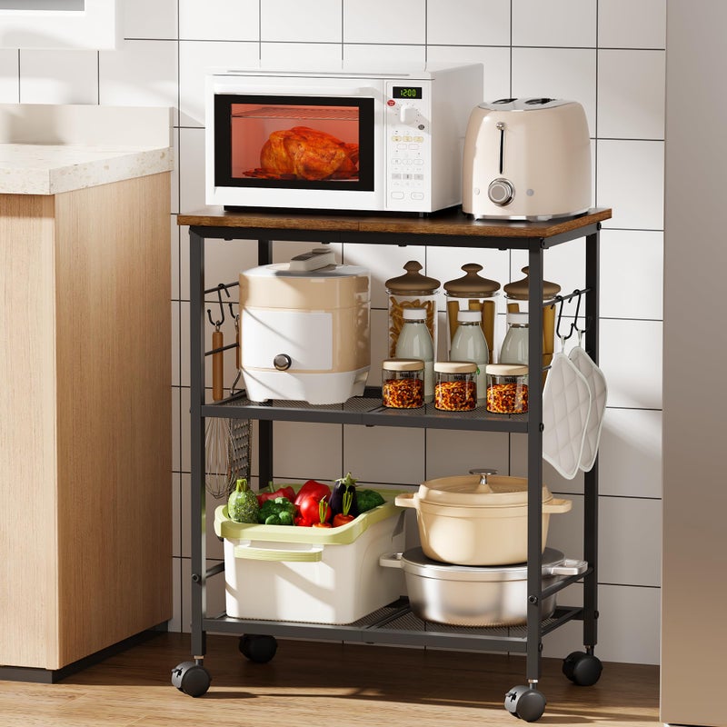 BEWISHOME Rolling Kitchen Cart 3 Tier, Microwave Kitchen Cart with Storage Function, Practical Roller Cart with 4 Locking Wheels for Kitchen, Living Room, Bathroom, Office, Bar (Brown) - Image 1