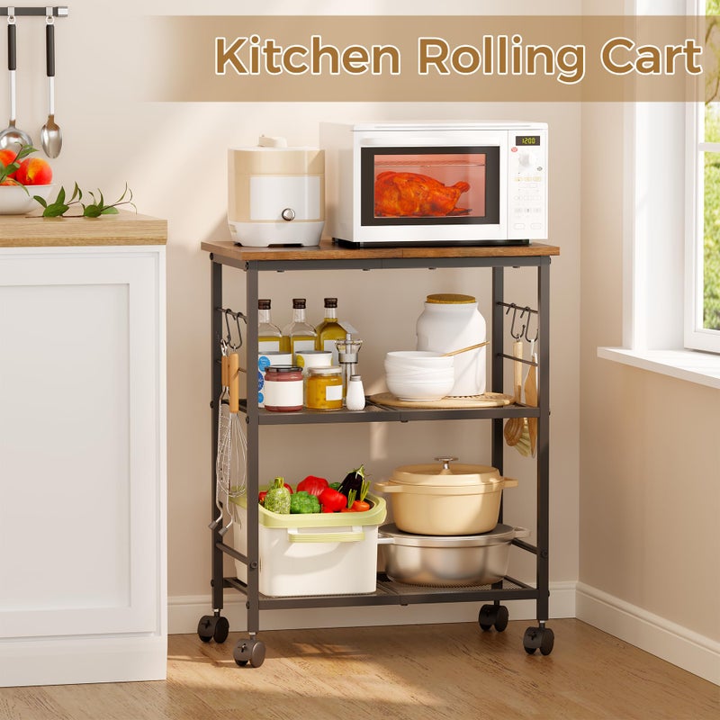 BEWISHOME Rolling Kitchen Cart 3 Tier, Microwave Kitchen Cart with Storage Function, Practical Roller Cart with 4 Locking Wheels for Kitchen, Living Room, Bathroom, Office, Bar (Brown) - Image 3