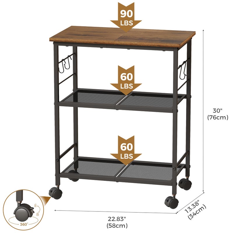 BEWISHOME Rolling Kitchen Cart 3 Tier, Microwave Kitchen Cart with Storage Function, Practical Roller Cart with 4 Locking Wheels for Kitchen, Living Room, Bathroom, Office, Bar (Brown) - Image 2