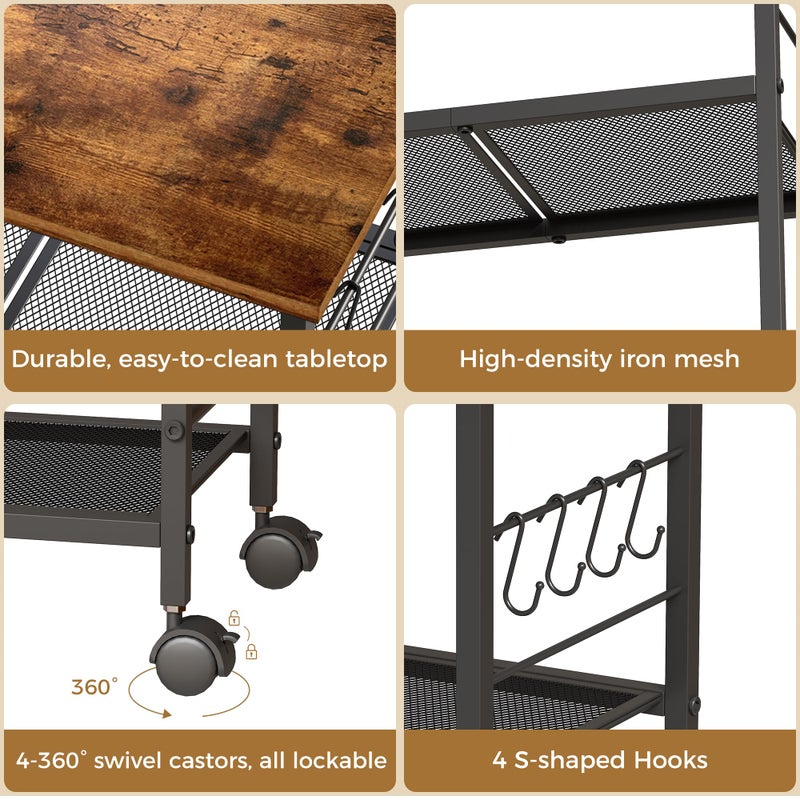 BEWISHOME Rolling Kitchen Cart 3 Tier, Microwave Kitchen Cart with Storage Function, Practical Roller Cart with 4 Locking Wheels for Kitchen, Living Room, Bathroom, Office, Bar (Brown) - Image 5