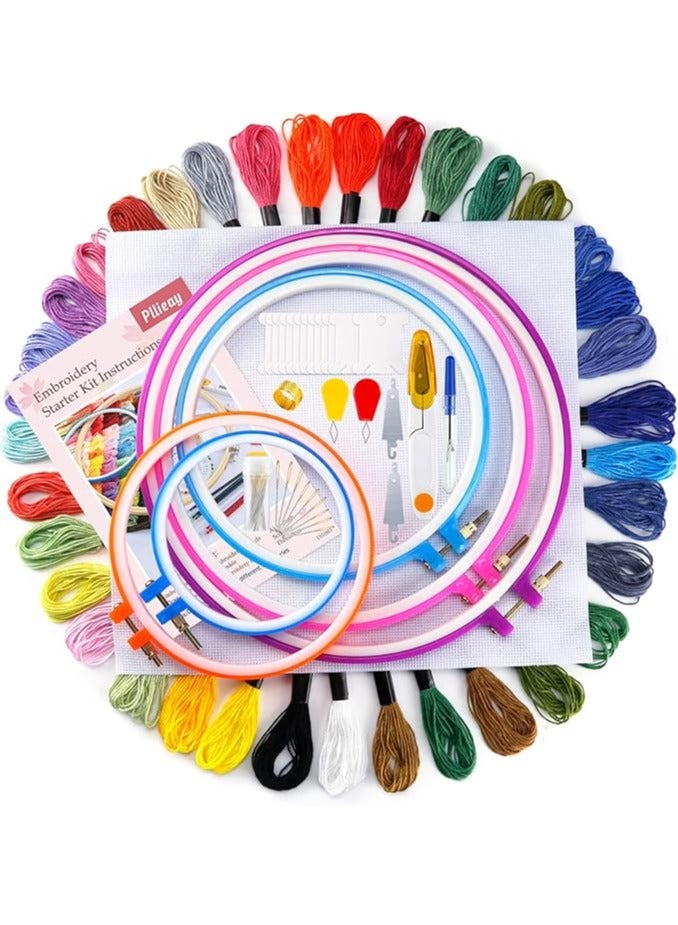 Caydo Full Range of Embroidery Starter Kit Including Instructions, 5 Pieces Bamboo Embroidery Hoops, 50 Color Threads, 2 Pieces Aida Cloth, Circular Packing Bag and Cross Stitch Tool Kit for Beginners