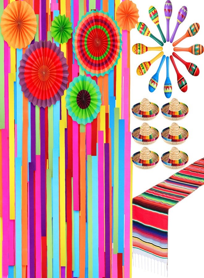 Poen 33 قطعة من الديكورات المكسيكية تتضمن 12 خشبية فييستا ماراكاس، 6 قبعات حفلات سمبريرو، خلفية فييستا، مفرش طاولة، مجموعة ديكورات حفلات سينكو دي مايو - Image 1