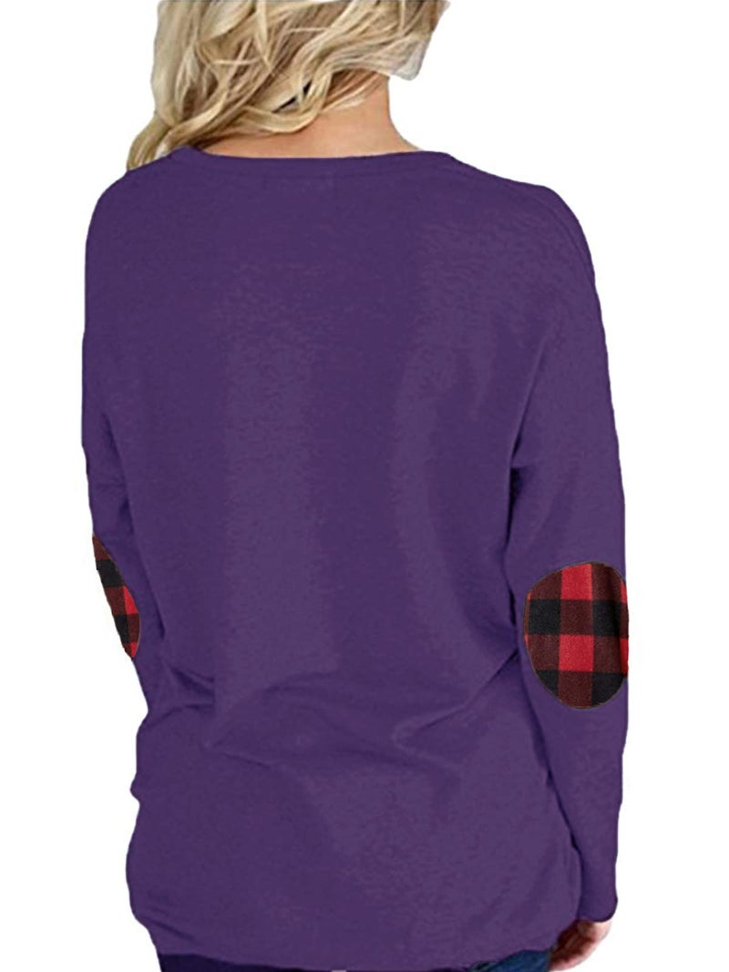 Unidear Women Casual Loose Long Sleeve Solid Color Crewneck Elbow Patch Sweatshirt Tunic Tops Dark Purple L - Image 3