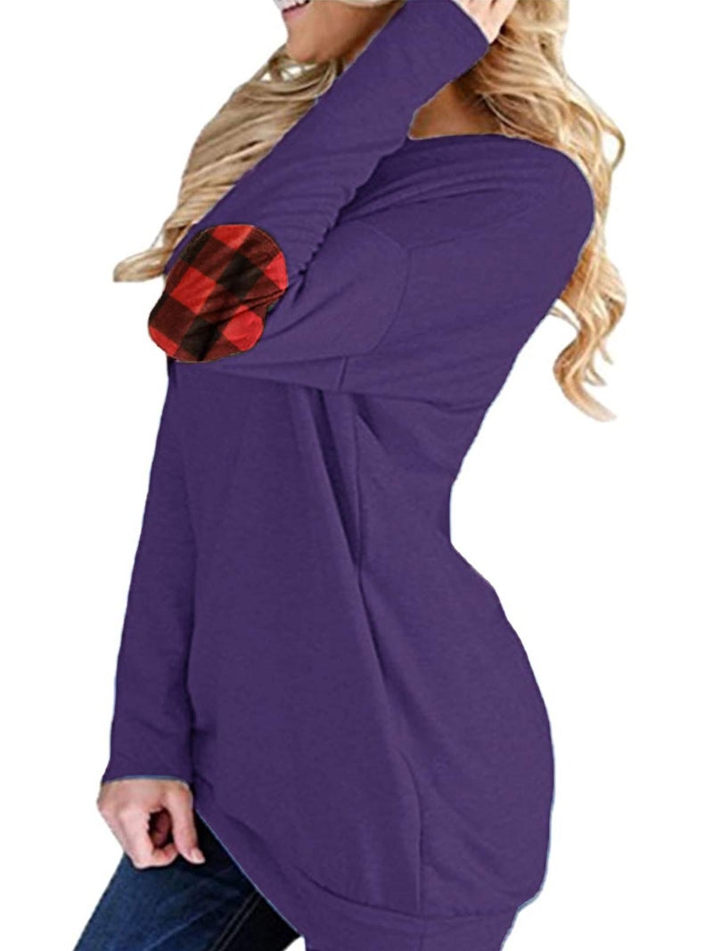 Unidear Women Casual Loose Long Sleeve Solid Color Crewneck Elbow Patch Sweatshirt Tunic Tops Dark Purple L - Image 2