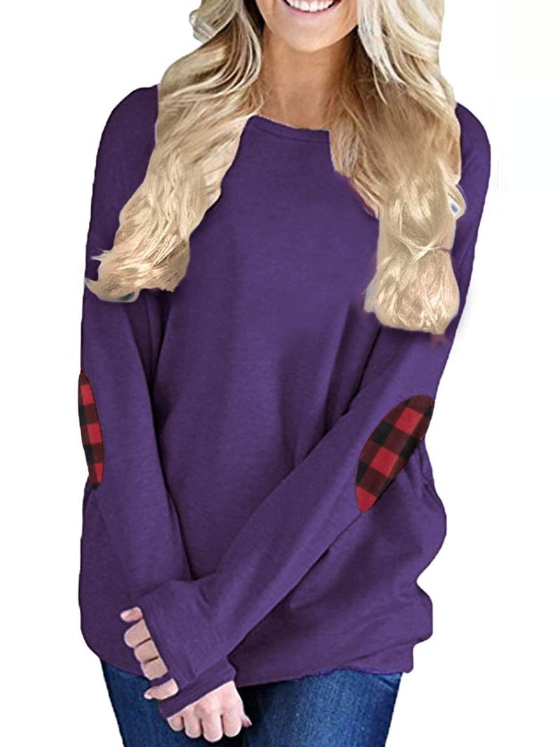 Unidear Women Casual Loose Long Sleeve Solid Color Crewneck Elbow Patch Sweatshirt Tunic Tops Dark Purple L - Image 4