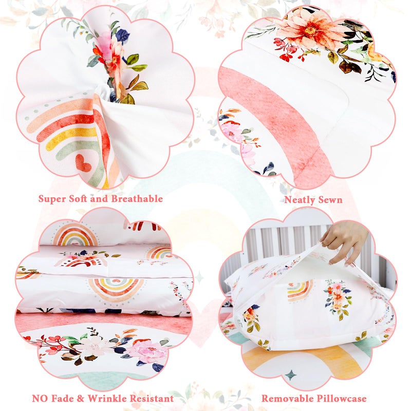 Pea Pod Toddler Bedding Sets for Girls, Rainbow Toddler Crib Bedding Set 4 Piece Pink Floral Toddler Comforter Set Includes Flat Top Sheet, Fitted Sheet, Comforter, Envelope Pillowcase, Soft & Comfort - Image 3