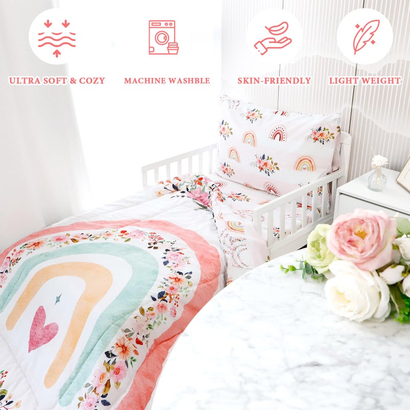 Pea Pod Toddler Bedding Sets for Girls, Rainbow Toddler Crib Bedding Set 4 Piece Pink Floral Toddler Comforter Set Includes Flat Top Sheet, Fitted Sheet, Comforter, Envelope Pillowcase, Soft & Comfort - Image 5