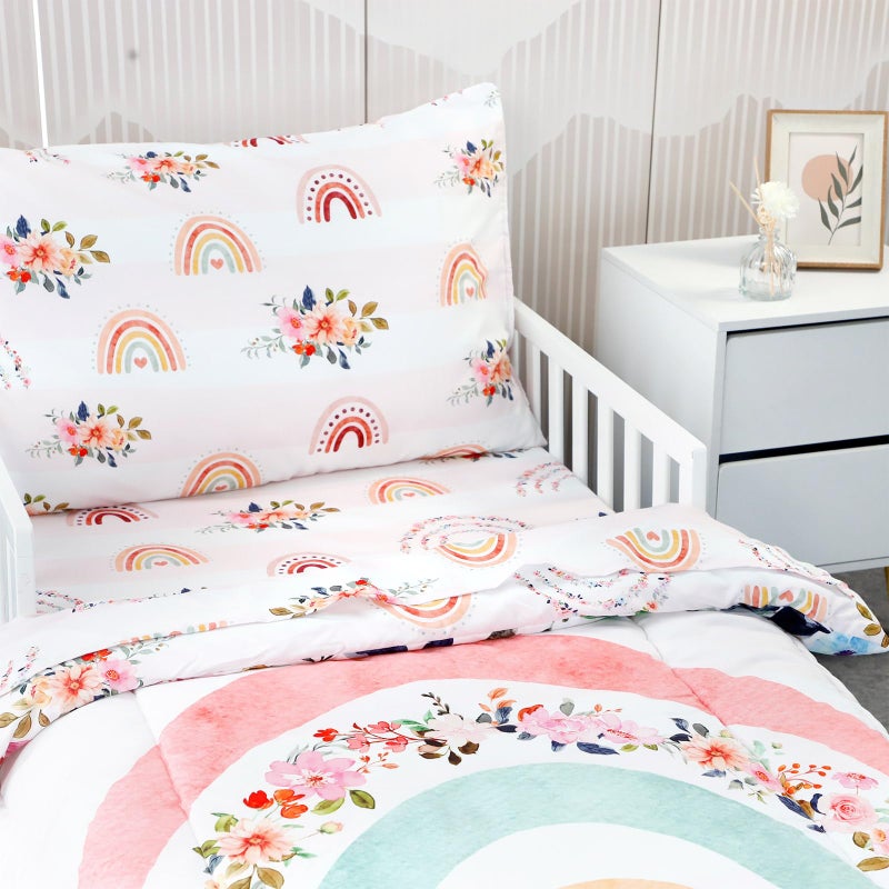 Pea Pod Toddler Bedding Sets for Girls, Rainbow Toddler Crib Bedding Set 4 Piece Pink Floral Toddler Comforter Set Includes Flat Top Sheet, Fitted Sheet, Comforter, Envelope Pillowcase, Soft & Comfort - Image 4