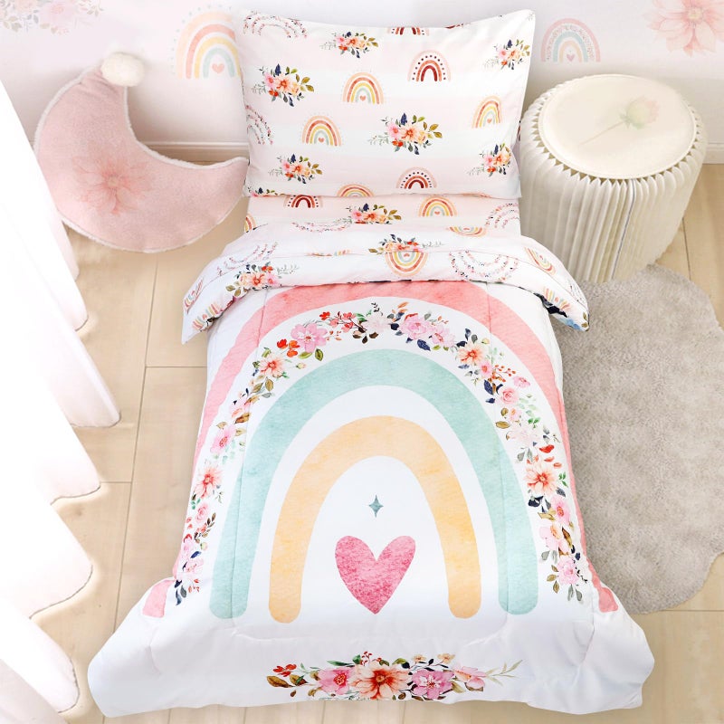 Pea Pod Toddler Bedding Sets for Girls, Rainbow Toddler Crib Bedding Set 4 Piece Pink Floral Toddler Comforter Set Includes Flat Top Sheet, Fitted Sheet, Comforter, Envelope Pillowcase, Soft & Comfort - Image 1