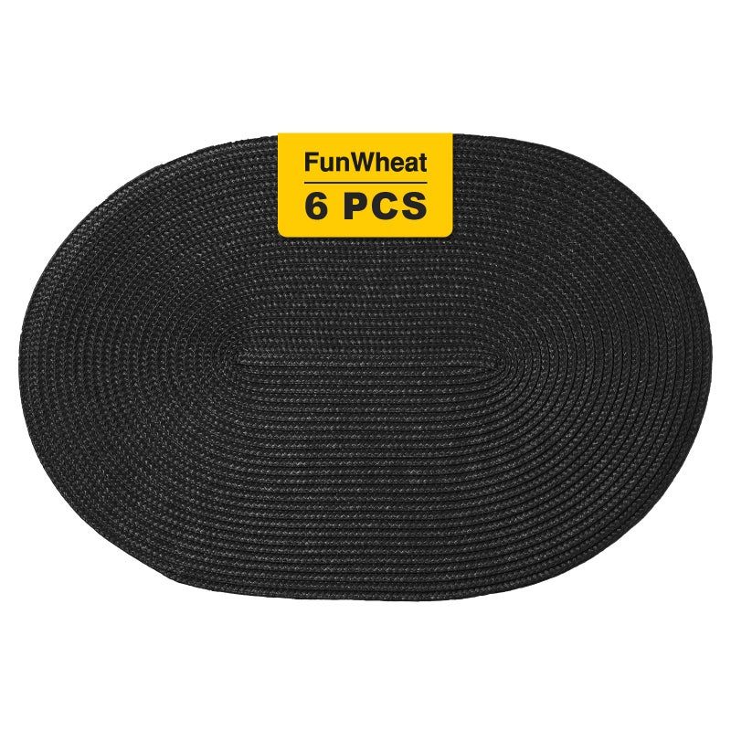 FunWheat Oval Braided Placemats Set of 6 Table Mats for Dining Tables Washable Heat Resistant Place mats for Daily Use 12 x18 Inch Oval Black 6pcs