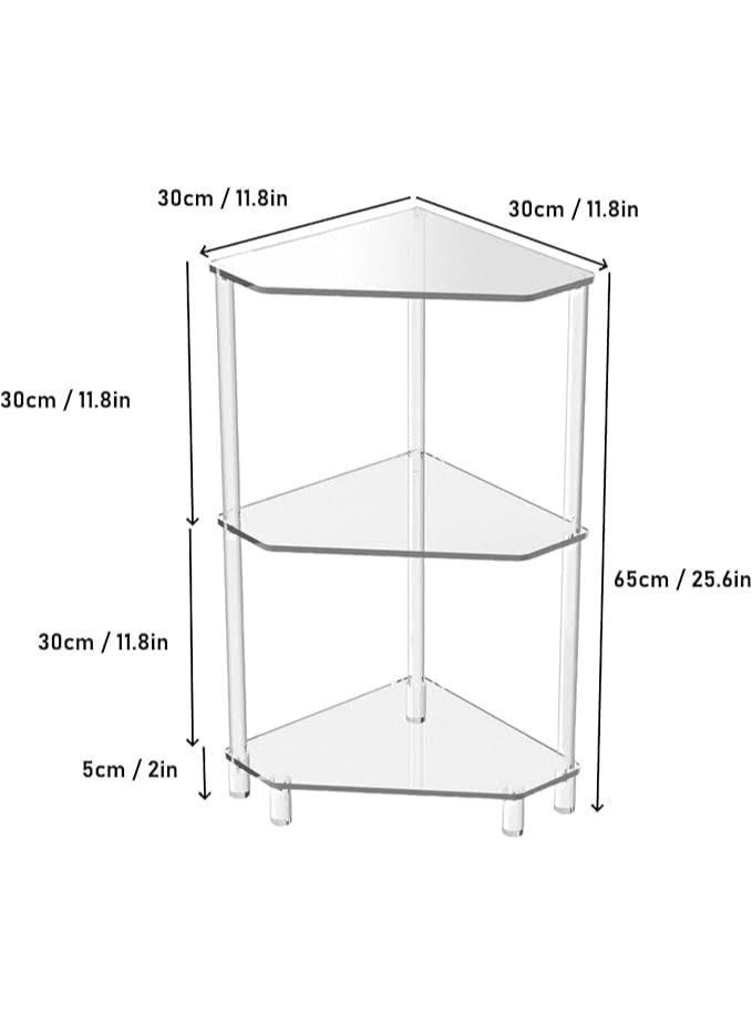 Slasa 3-Tier Acrylic Corner Side Table (65cm H x 30cm D) – Clear End Table with Tempered Glass Shelves – Screwless Design Bedside Table, Bathroom Shelf & Living Room Organizer – Easy Assembly - Image 3