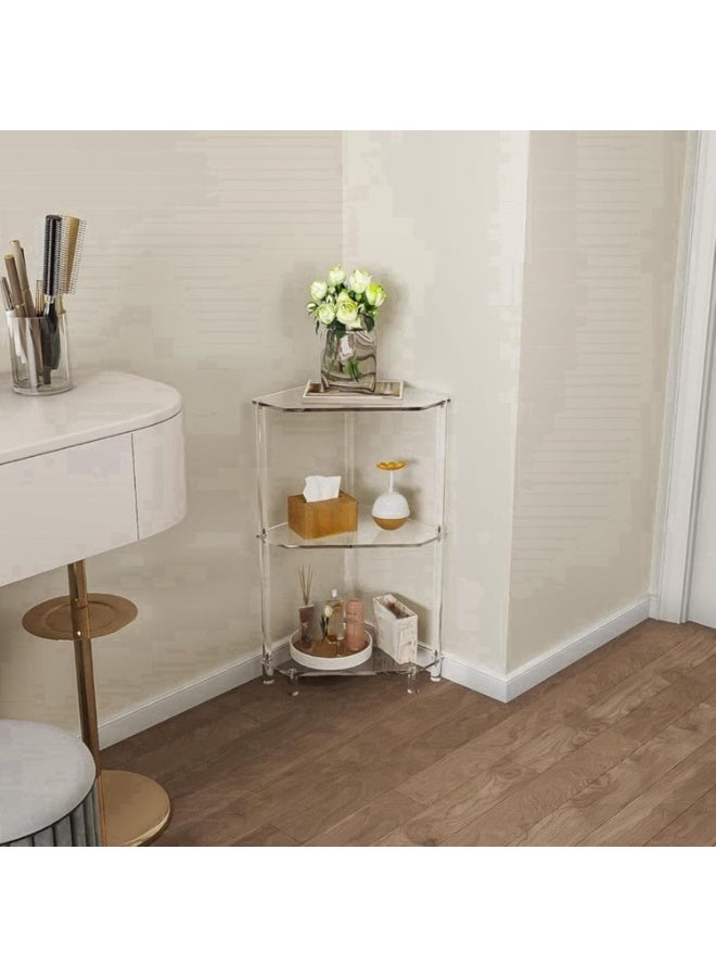 Slasa 3-Tier Acrylic Corner Side Table (65cm H x 30cm D) – Clear End Table with Tempered Glass Shelves – Screwless Design Bedside Table, Bathroom Shelf & Living Room Organizer – Easy Assembly - Image 2