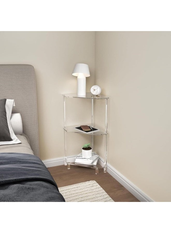 Slasa 3-Tier Acrylic Corner Side Table (65cm H x 30cm D) – Clear End Table with Tempered Glass Shelves – Screwless Design Bedside Table, Bathroom Shelf & Living Room Organizer – Easy Assembly - Image 4