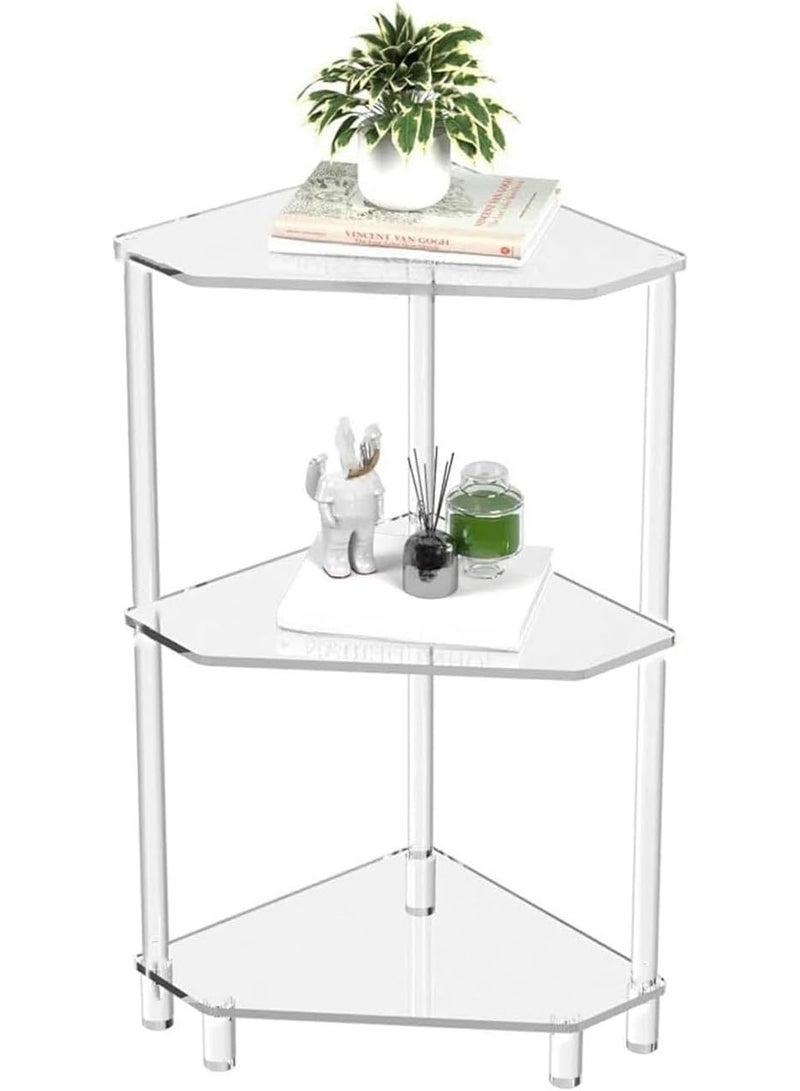 Slasa 3-Tier Acrylic Corner Side Table (65cm H x 30cm D) – Clear End Table with Tempered Glass Shelves – Screwless Design Bedside Table, Bathroom Shelf & Living Room Organizer – Easy Assembly - Image 1