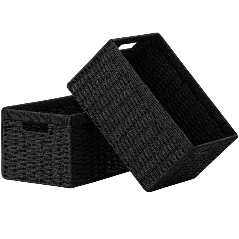 UBBCARE 2 Pack Wicker Basket, 13.4LÃ—8.3HÃ—7.1W inch Woven Paper Rope Storage Baskets for shelves, Foldable Rectangular Storage Baskets with Handle, Storage Basket for Organizing, ï¼ˆBlack,2pack Mediumï¼‰ - Image 1