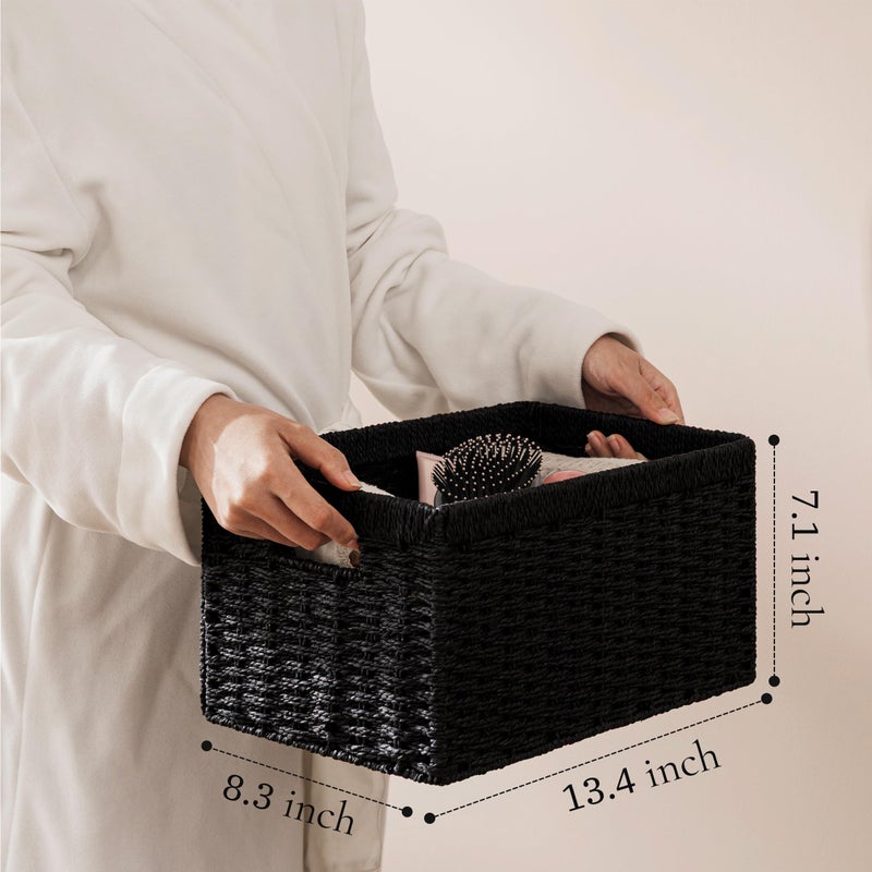 UBBCARE 2 Pack Wicker Basket, 13.4LÃ—8.3HÃ—7.1W inch Woven Paper Rope Storage Baskets for shelves, Foldable Rectangular Storage Baskets with Handle, Storage Basket for Organizing, ï¼ˆBlack,2pack Mediumï¼‰ - Image 3