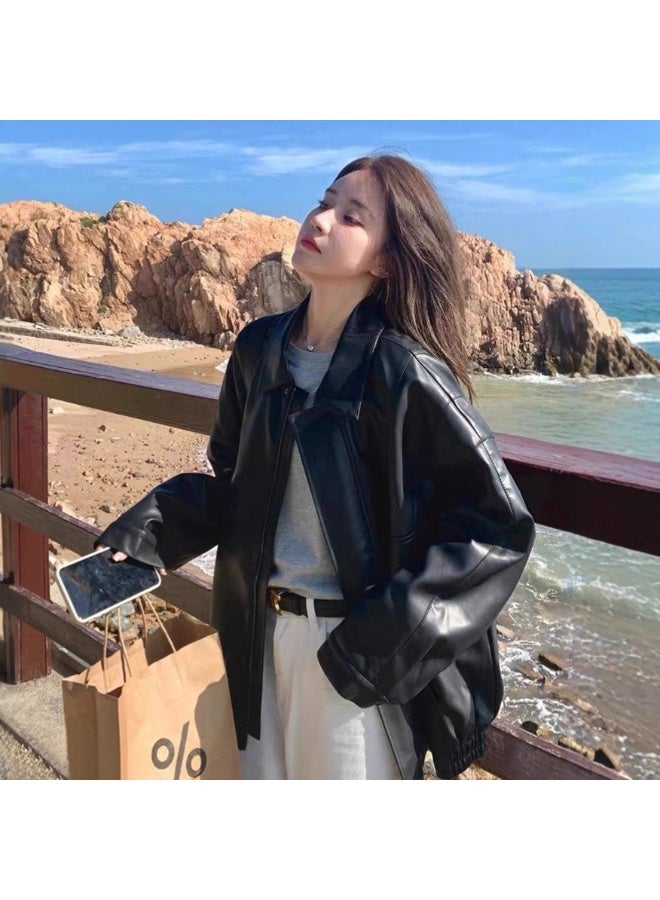 جاكيت جلد أسود فاخر لملابس النساء. أسلوب جديد. شائع هذا العام. زي بأسلوب دراجة نارية. - Image 1