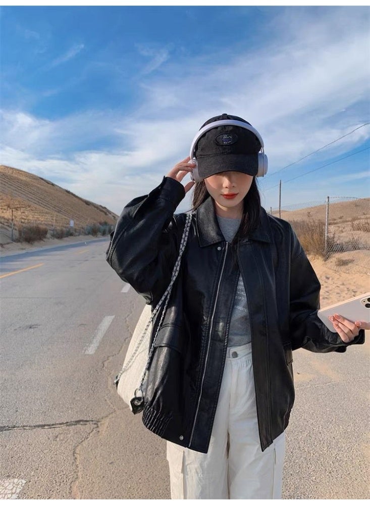 جاكيت جلد أسود فاخر لملابس النساء. أسلوب جديد. شائع هذا العام. زي بأسلوب دراجة نارية. - Image 4