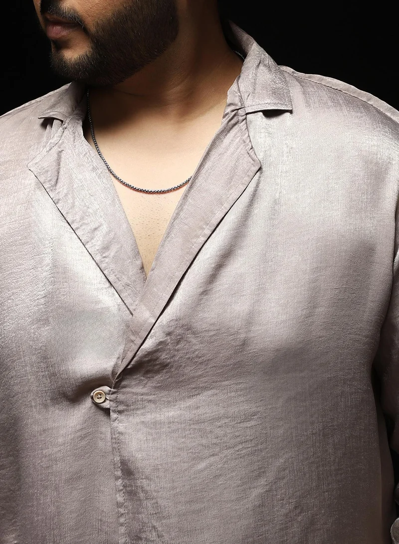 Instafab Plus  Men's Smoke Grey Cuban-Modular Shirt | Notch Collar , Long Cuffed Sleeves , Button Closure , Straight Hemline | Solid Plain Polyester Material For Casual & Vacation Wear for Men | Best Price UAE