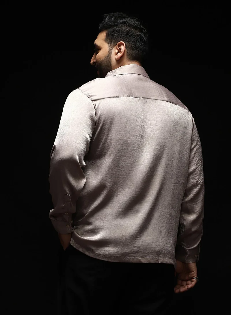 Instafab Plus  Men's Smoke Grey Cuban-Modular Shirt | Notch Collar , Long Cuffed Sleeves , Button Closure , Straight Hemline | Solid Plain Polyester Material For Casual & Vacation Wear for Men | Best Price UAE