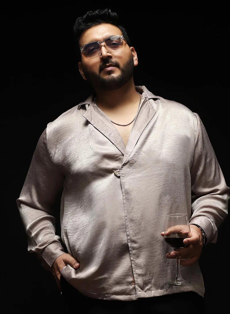 Instafab Plus Men's Smoke Grey Cuban-Modular Shirt | Notch Collar , Long Cuffed Sleeves , Button Closure , Straight Hemline | Solid Plain Polyester Material For Casual & Vacation Wear