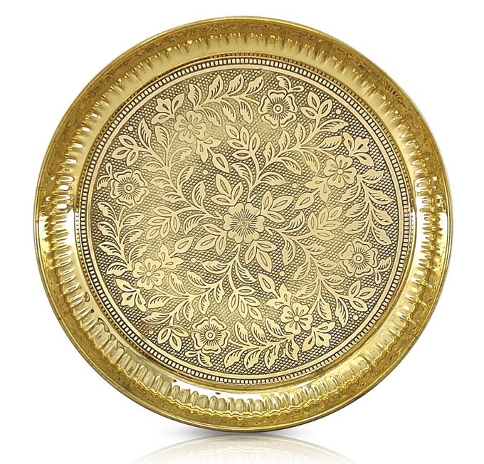 BRASS POOJA THALI 8 INCH TRADITIONAL HANDCRAFTED PUJA PLATE FOR TEMPLE WORSHIP DECORATIVE PLATE FOR HOME OFFICE WEDDING RETURN GIFT ITEMS