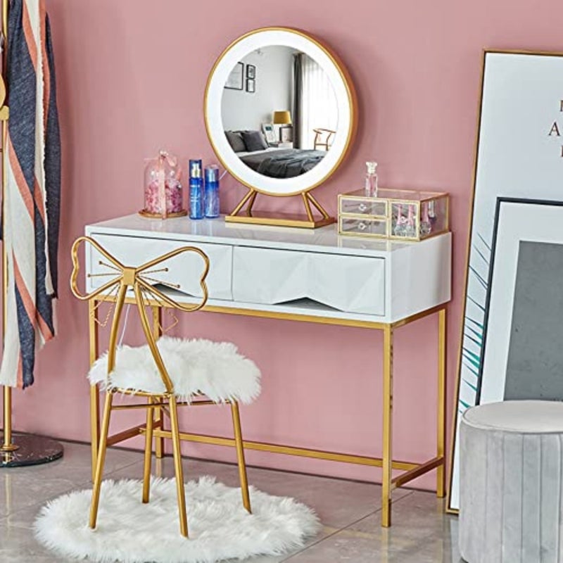 Metal Vanity Chair Fur Cushioned Padded Seat Makeup Dressing Stool Bench with Butterfly Backrest Child Dining Chair Furniture Bedroom Makeup Stool. - Image 3