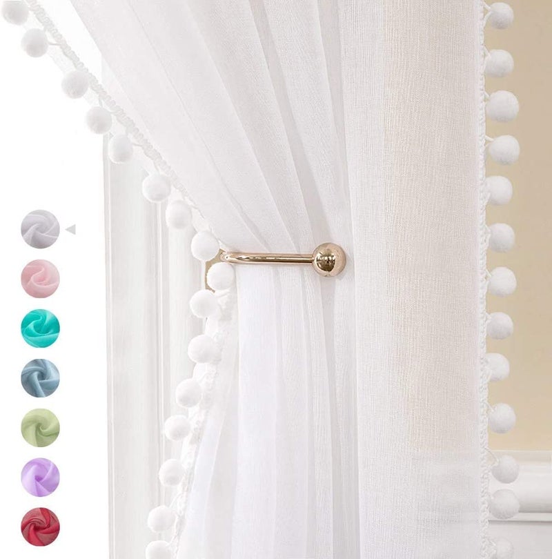 MIULEE Sheer Curtains with Pom PomsWhite Voile Curtains for Bedroom Living Room Pretty Rod Pocket Pompom Curtains for Kids Girls Bedroom 2 Panels Net Window Curtains Each W55 x D88 Inch