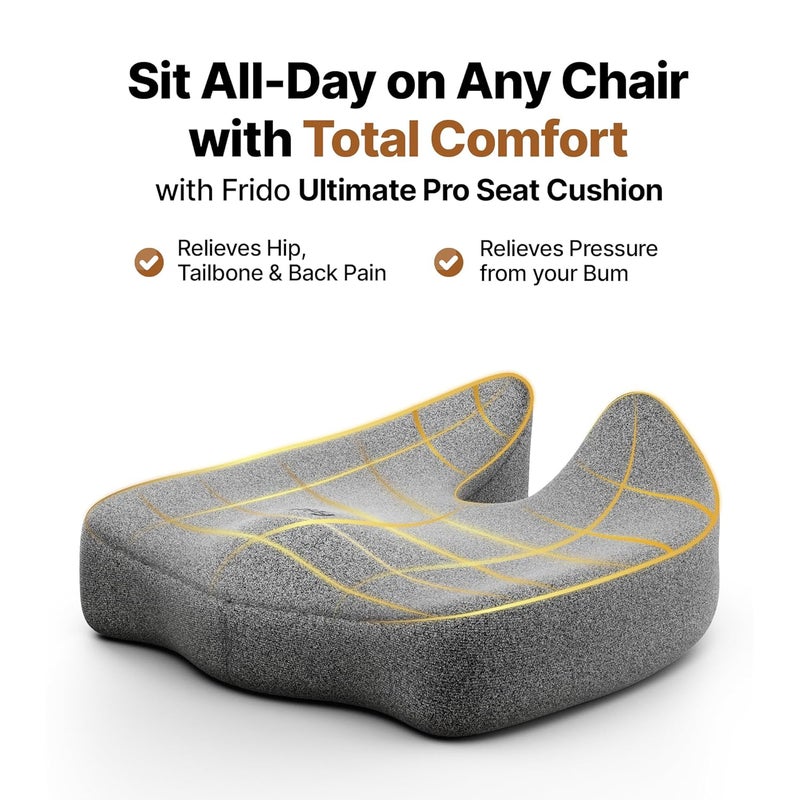 Frido وسادة فريدو النهائية المحترفة لتصحيح الوضعية ووسادة دعم الظهر مجموعة تخفف آلام الظهر والعصعص تقنية هايبر فوم لدعم العظام لفترات الجلوس الطويلة على كرسي المكتب أو المنزل رمادي - Image 3