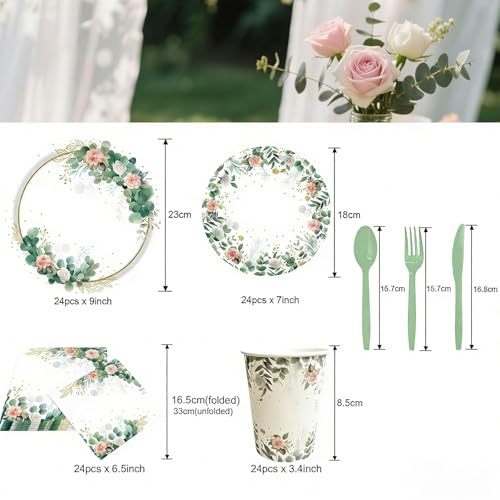 WEIKA 168 Pcs Floral Party Supplies Bridal Shower Paper Plates and Napkins Sets for 24 Guest, Floral Party Disposable Paper Dinner Plates, Cups, Forks, for Baby Shower Birthday Bridal Shower Supplies - Image 3