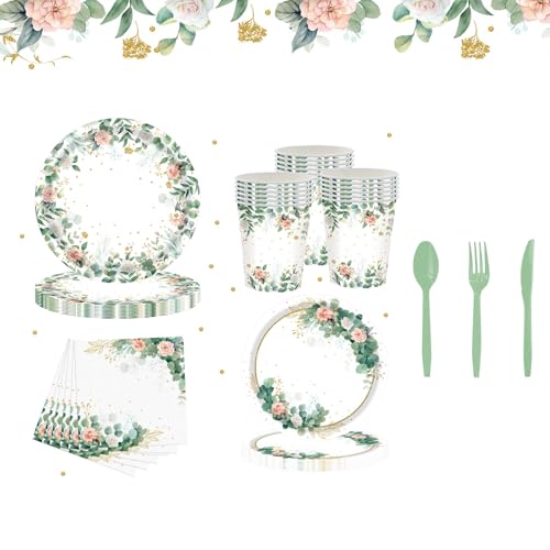 WEIKA 168 Pcs Floral Party Supplies Bridal Shower Paper Plates and Napkins Sets for 24 Guest, Floral Party Disposable Paper Dinner Plates, Cups, Forks, for Baby Shower Birthday Bridal Shower Supplies - Image 1