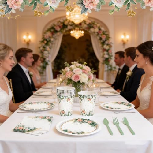 WEIKA 168 Pcs Floral Party Supplies Bridal Shower Paper Plates and Napkins Sets for 24 Guest, Floral Party Disposable Paper Dinner Plates, Cups, Forks, for Baby Shower Birthday Bridal Shower Supplies - Image 5