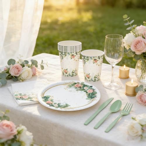 WEIKA 168 Pcs Floral Party Supplies Bridal Shower Paper Plates and Napkins Sets for 24 Guest, Floral Party Disposable Paper Dinner Plates, Cups, Forks, for Baby Shower Birthday Bridal Shower Supplies - Image 4
