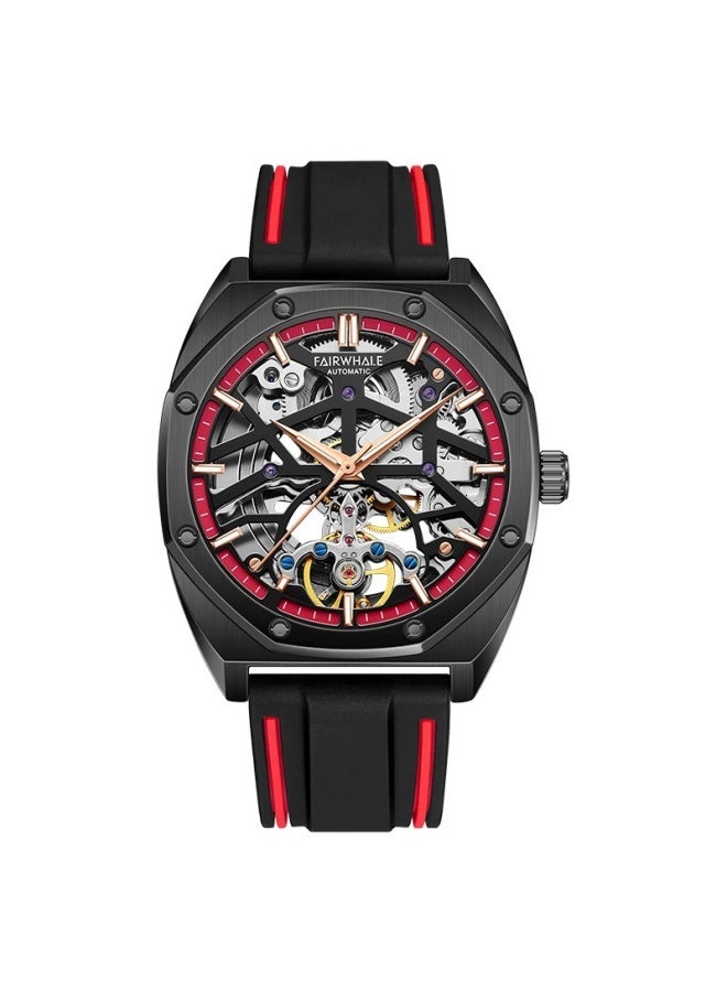 Mark Fairwhale Men's Transparent Skeleton Automatic Mechanical Watch - Water Resistant, Luminous, Black Case, Red Dial & Silicone Strap