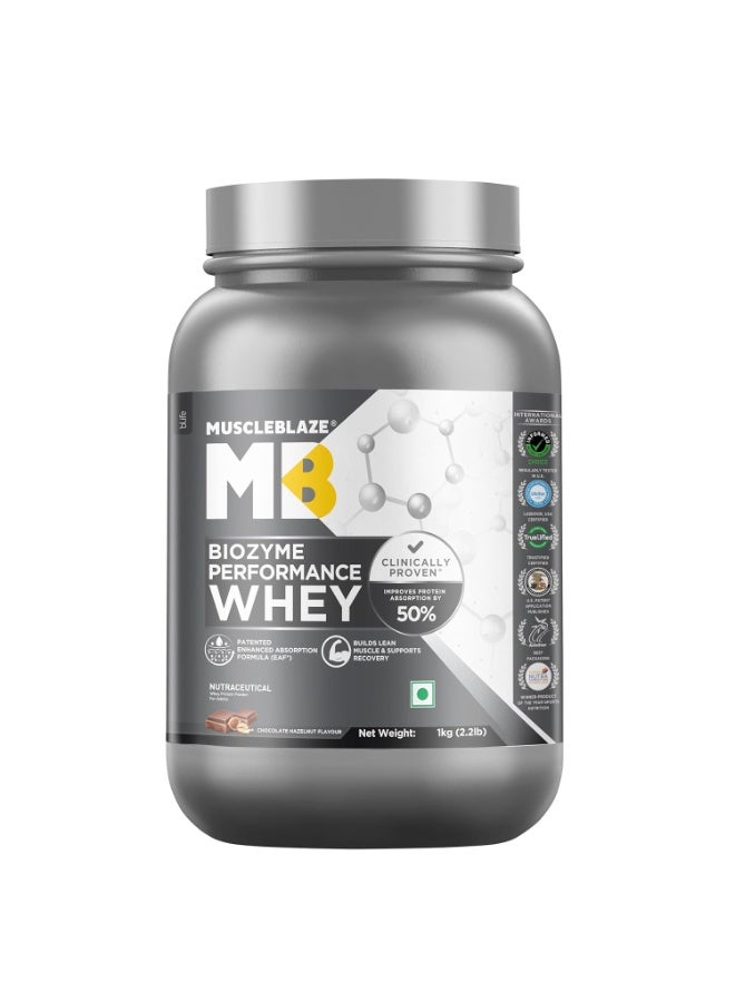 MuscleBlaze Biozyme Performance Whey Protein Powder, Chocolate Hazelnut (1kg / 2.2lbs) | 25g Protein Per Scoop | Clinically Tested 50% Higher Protein Absorption - Image 1