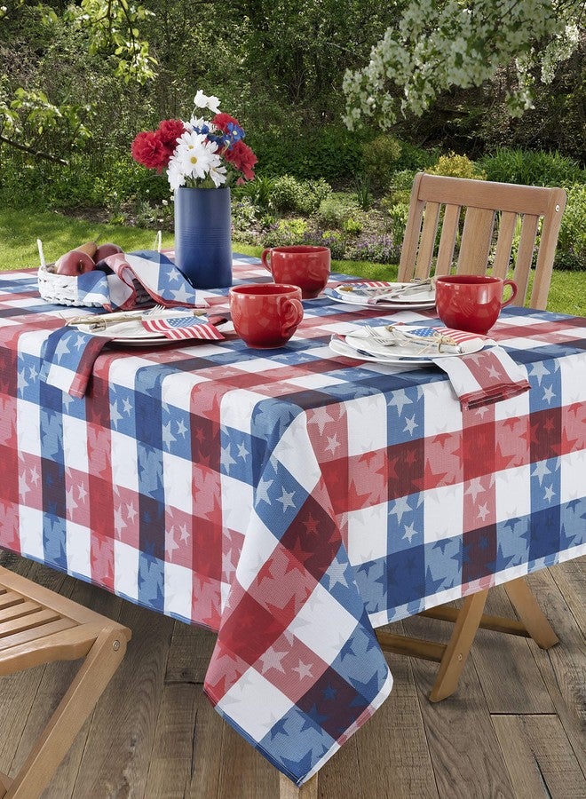Newbridge Rectangle Fabric Tablecloth, 52 x 70 Inch, American Tossed Stars, Indoor Outdoor Stain and Wrinkle Resistant Fabric Table Cover, Red White and Blue Plaid Americana, Patriotic - Image 1