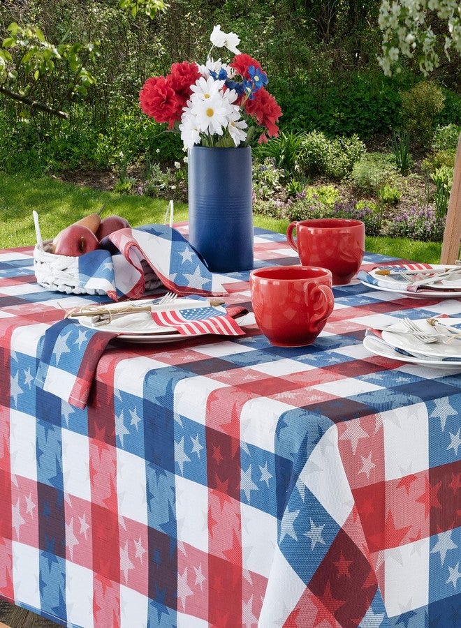 Newbridge Rectangle Fabric Tablecloth, 52 x 70 Inch, American Tossed Stars, Indoor Outdoor Stain and Wrinkle Resistant Fabric Table Cover, Red White and Blue Plaid Americana, Patriotic - Image 2