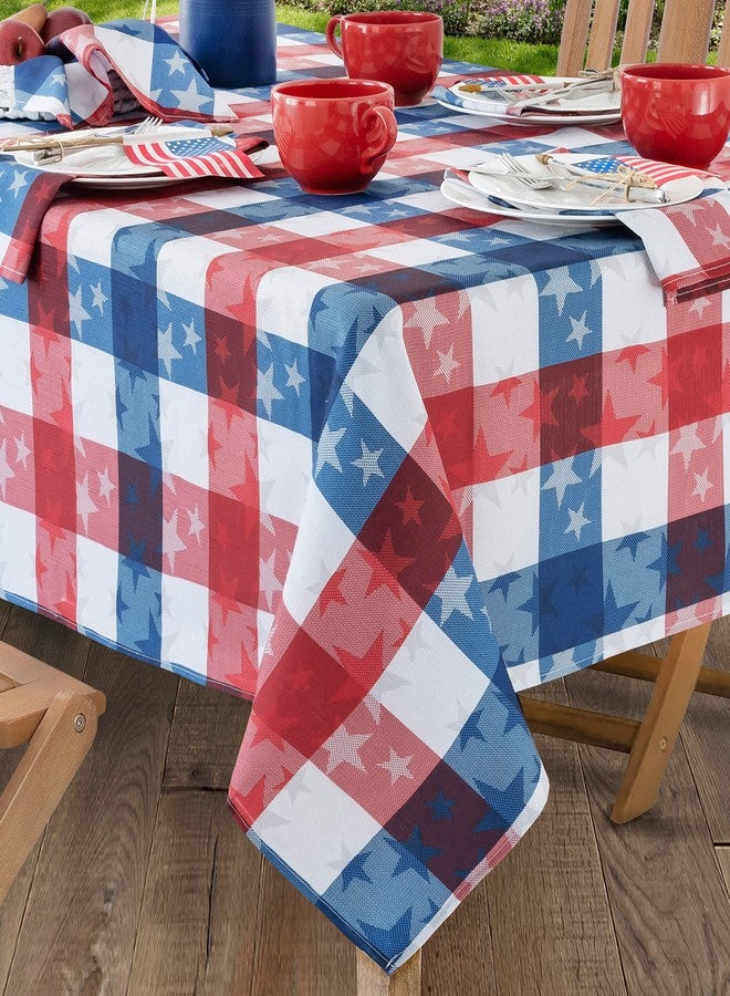 Newbridge Rectangle Fabric Tablecloth, 52 x 70 Inch, American Tossed Stars, Indoor Outdoor Stain and Wrinkle Resistant Fabric Table Cover, Red White and Blue Plaid Americana, Patriotic - Image 5