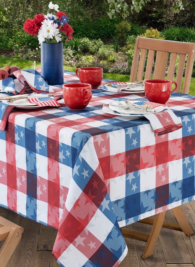 Newbridge Rectangle Fabric Tablecloth, 52 x 70 Inch, American Tossed Stars, Indoor Outdoor Stain and Wrinkle Resistant Fabric Table Cover, Red White and Blue Plaid Americana, Patriotic - Image 3