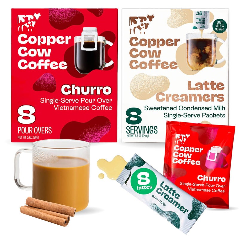 Copper Cow Coffee أكياس قهوة فيتنامية من كوبر كاو مع حليب مكثف محلى (8 قهوة و 8 كريمة حليب) | لاتيه تشورو، لا حاجة للتبريد، مناسب للسفر - Image 1