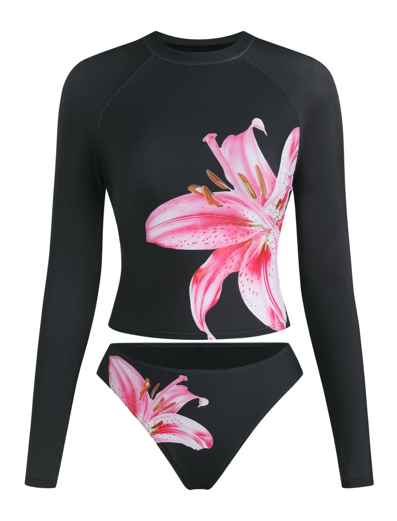 ZAFUL Womens Rash Guard Swimsuits Long Sleeve Sun Protection Bathing Suit Tropical Swim Shirts with Briefs Black L - Image 1