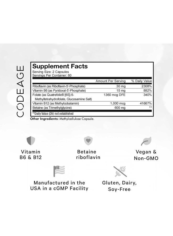 Codeage Methyl-Elite Methylation Supplements - 5 Mthf, Methylcobalamin 1000Mcg Methylated Vitamin B12, Riboflavin, Betaine, Vitamins B6, Methylfolate, Methylation Cycle Mthfr - 2 Months - 120 Capsules - Image 2