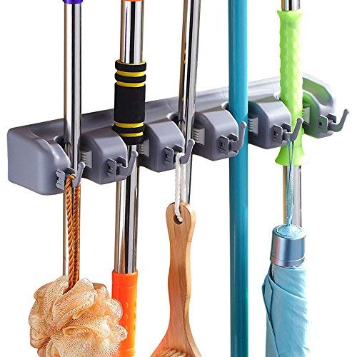 IVAR Broom And Mop Holder Tidy Organizer Wall Mount Hook Gripper Slot Garden Storage Rack Bathroom Hanger 5 Position 6 Hooks