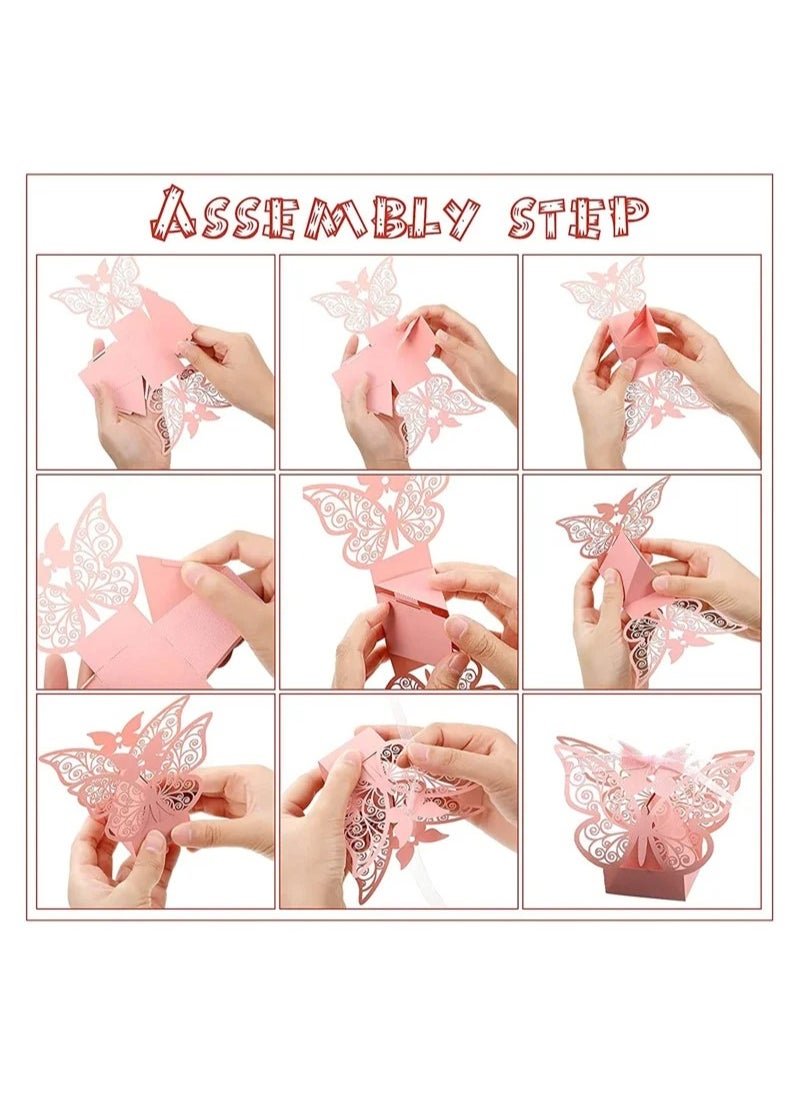 MIXDE 50 Pcs Candy Boxes Butterfly Laser Cut Favor Boxes with Ribbons, Cute Chocolate Box for Wedding Girl Bridal, Birthday Party Baby Shower, Favors Decoration Supplies (Pink)  - Image 2