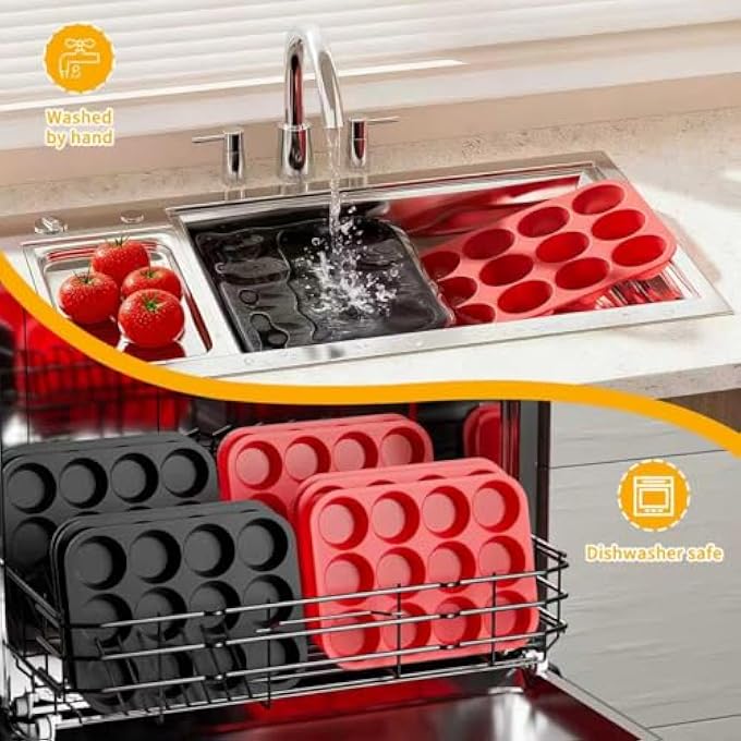 صواني الكعك سيليكون خفيفة الوزن 12 كوب مع إطار معدني يوركشاير بودنغ صينية سيليكون كعكة العفن للكب كيك غير لاصق الكعك القصدير الخبز قالب للفطائر المنزلية مع فرشاة أحمرأسود - Image 5