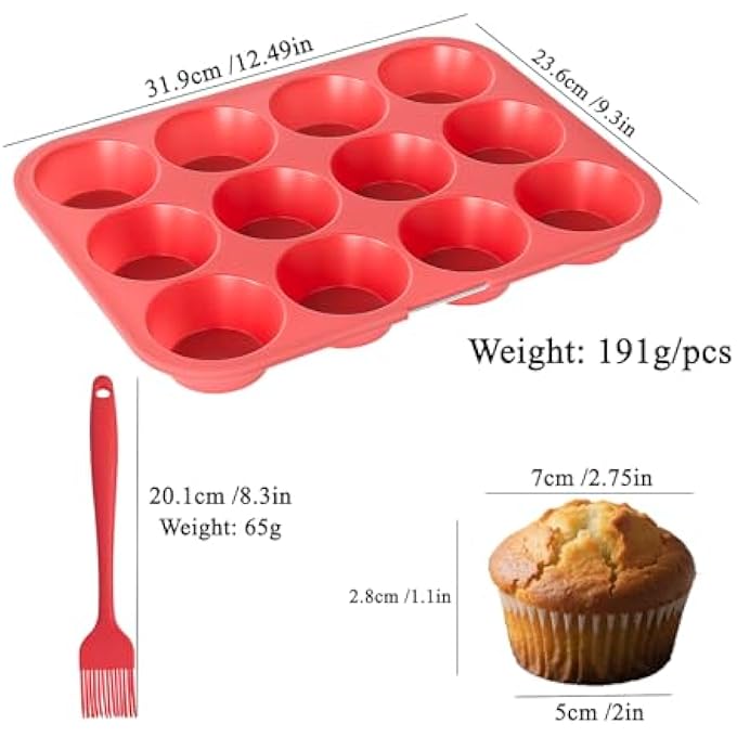 صواني الكعك سيليكون خفيفة الوزن 12 كوب مع إطار معدني يوركشاير بودنغ صينية سيليكون كعكة العفن للكب كيك غير لاصق الكعك القصدير الخبز قالب للفطائر المنزلية مع فرشاة أحمرأسود - Image 3