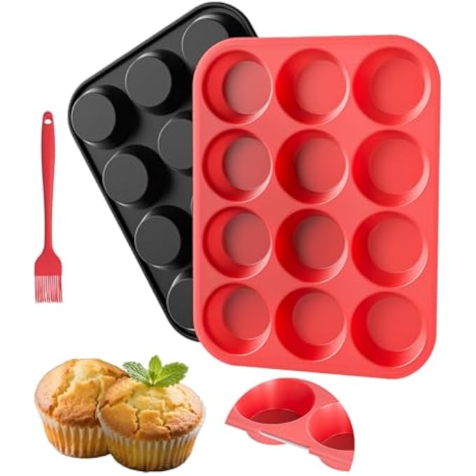 صواني الكعك سيليكون خفيفة الوزن 12 كوب مع إطار معدني يوركشاير بودنغ صينية سيليكون كعكة العفن للكب كيك غير لاصق الكعك القصدير الخبز قالب للفطائر المنزلية مع فرشاة أحمرأسود - Image 1