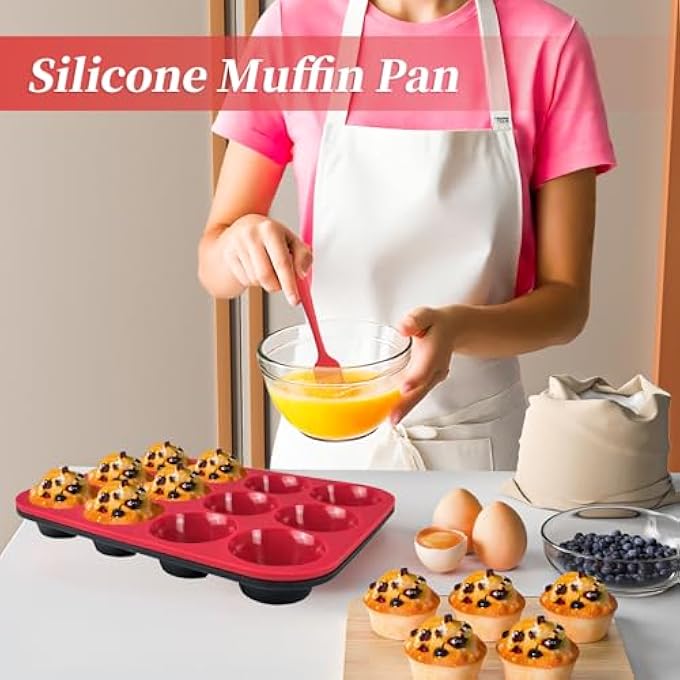 صواني الكعك سيليكون خفيفة الوزن 12 كوب مع إطار معدني يوركشاير بودنغ صينية سيليكون كعكة العفن للكب كيك غير لاصق الكعك القصدير الخبز قالب للفطائر المنزلية مع فرشاة أحمرأسود - Image 2